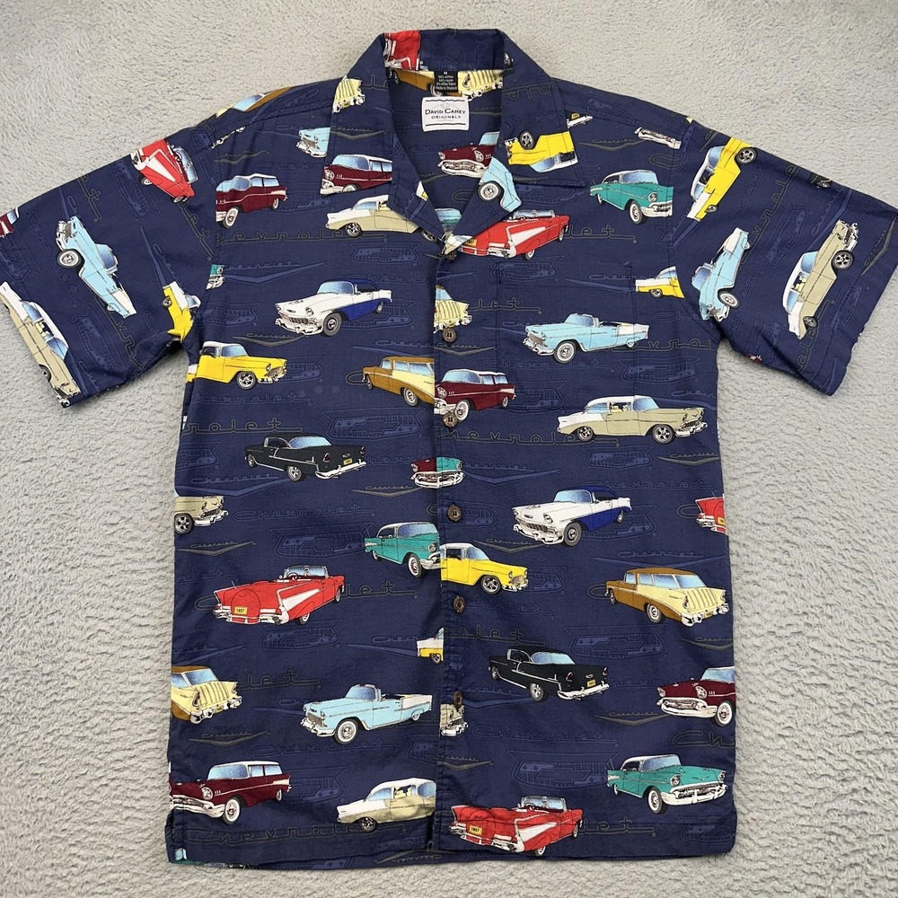 David Carey Shirt Mens Medium Navy Hawaiian Aloha Camp Chevrolet Classic Cars